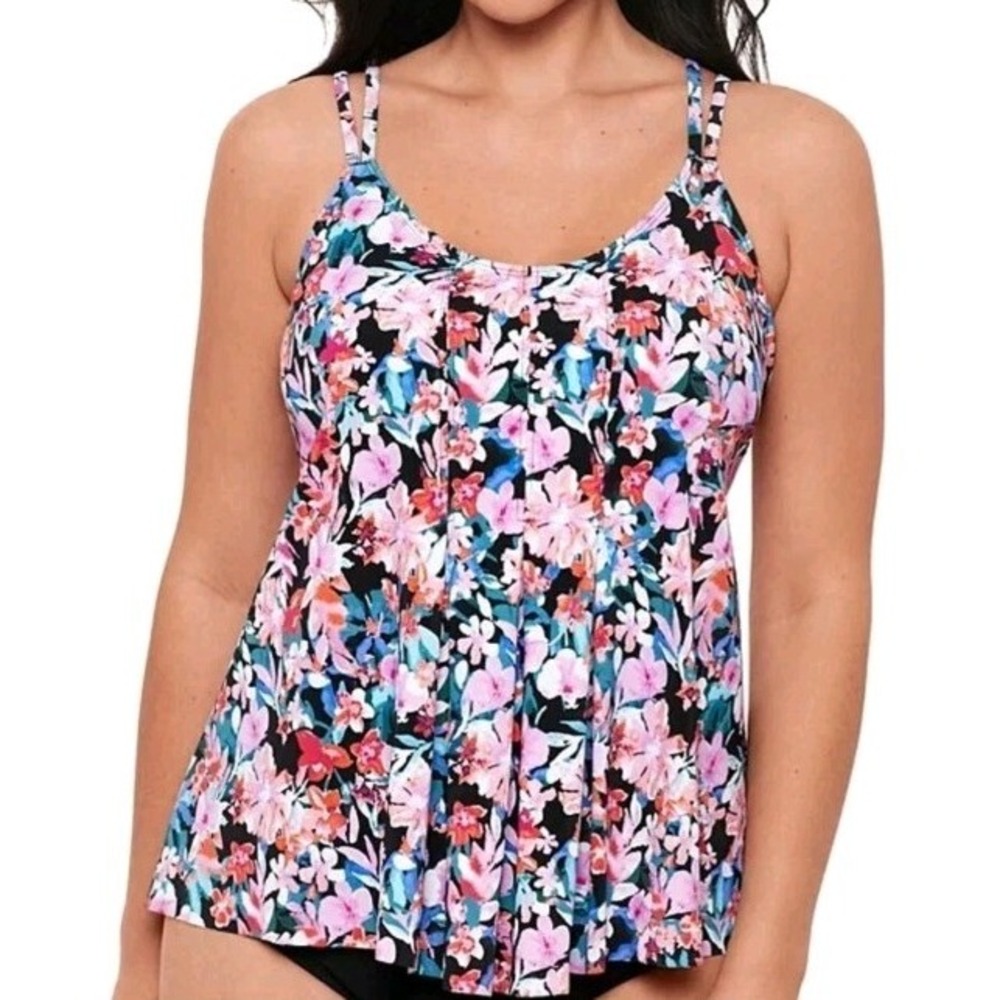 Swim Solutions Womens Size 8 Pleated Tankini Top Floral Print fits up to a D Cup